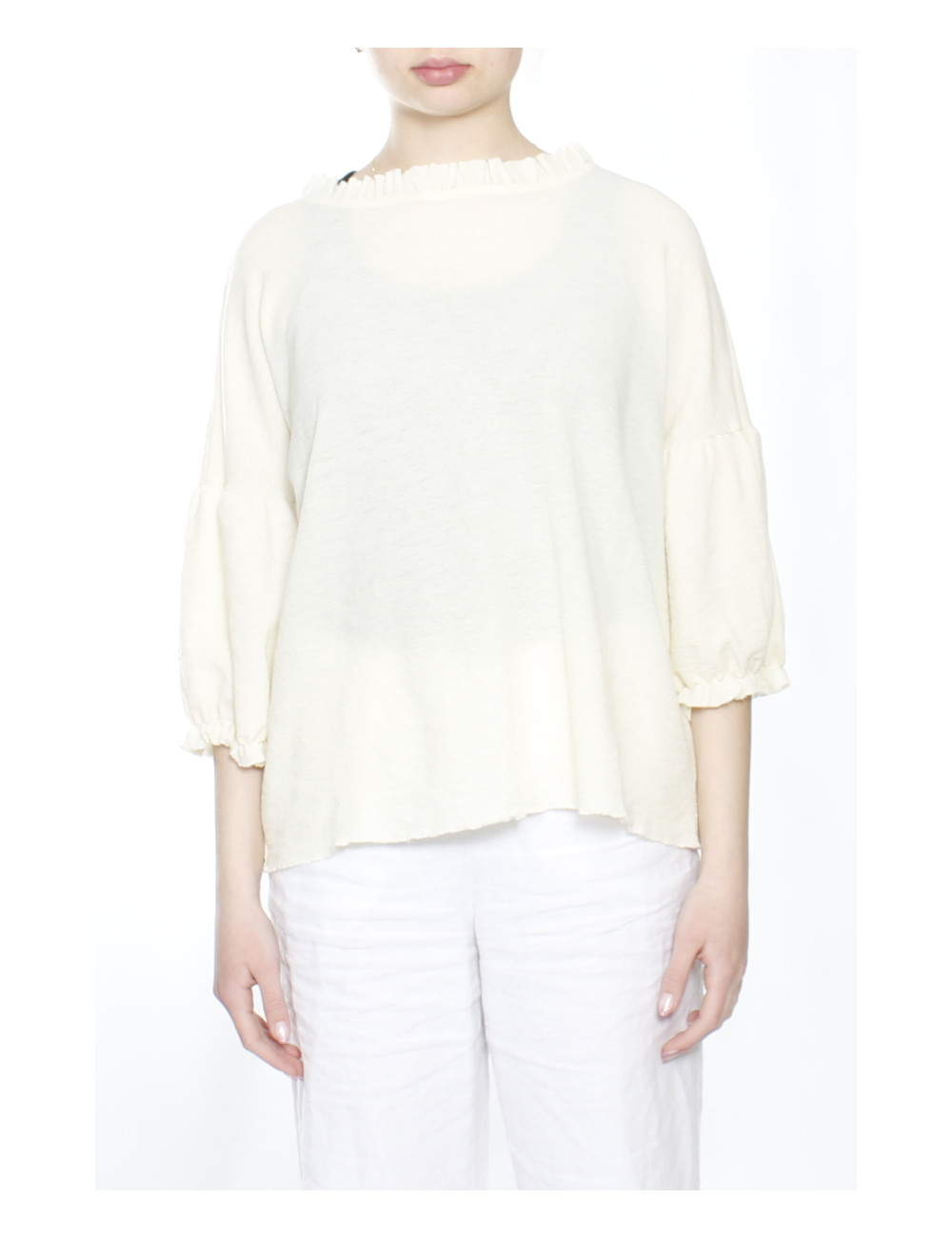 Uld bluse med pufærmer BY Basic råhvid 4055