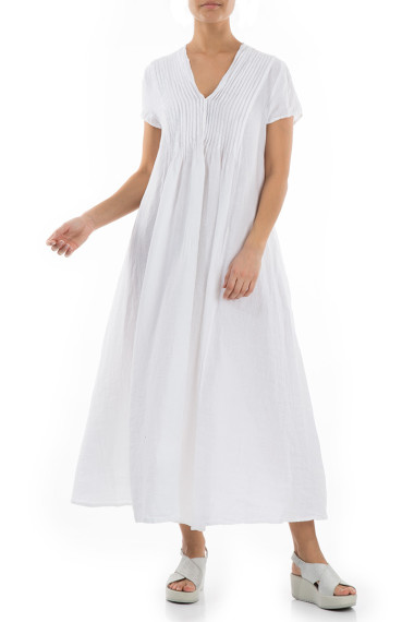 Lang hør kjole med bisser i hvid
