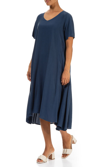 Klassisk lang kjole i silke-bambus blanding fra Grizas i denimblå