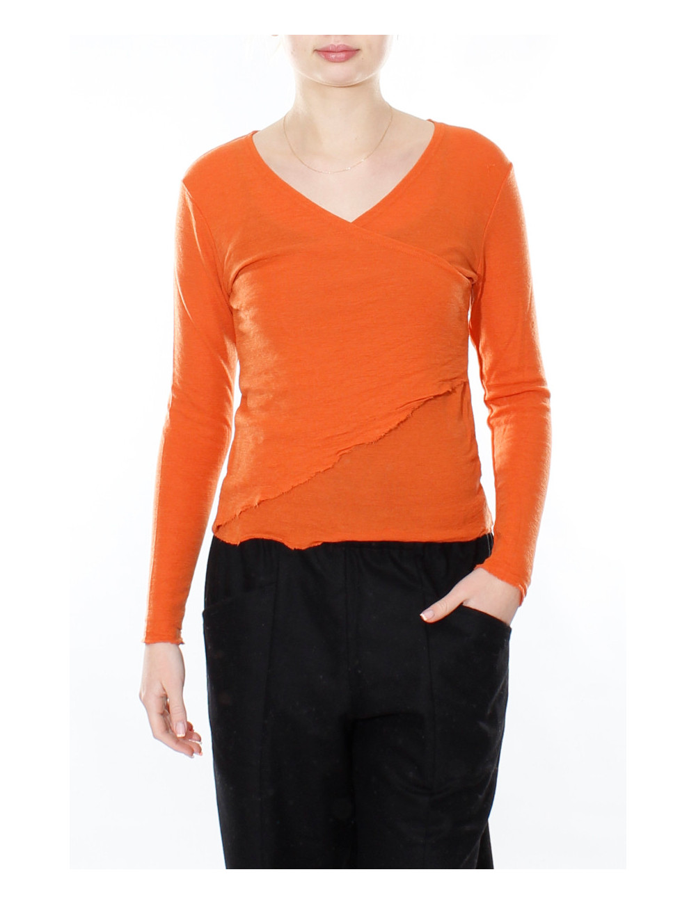 Merino uld bluse med slå om detalje 4008 i rødlige og lilla farver