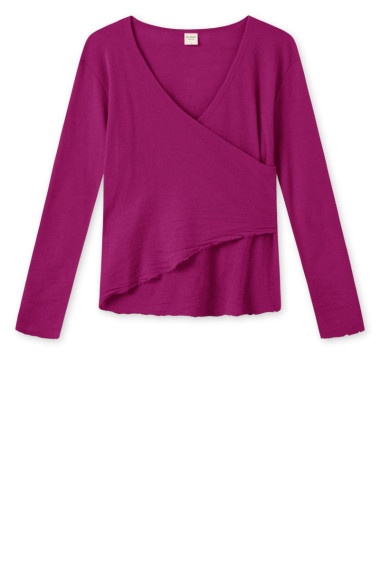 Merino uld bluse med slå om detalje i fuchsia