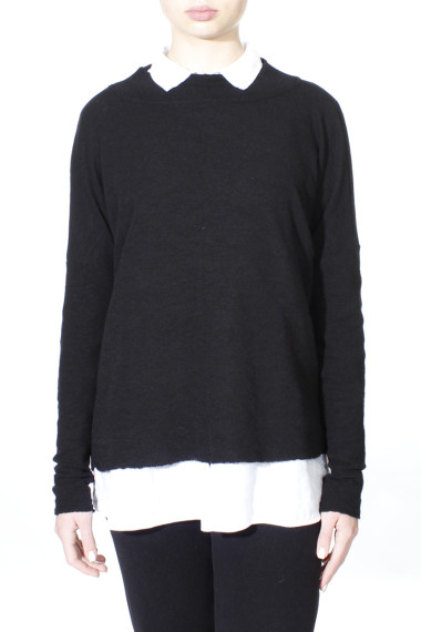 Rummelig merino uld bluse med rund hals i sort