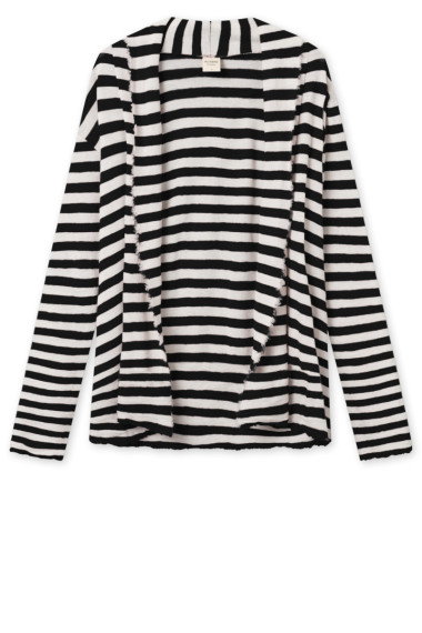 Kort merino uld cardigan fra By Basics i sorte og hvide striber