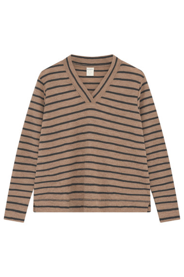 Oversize merino uld bluse med v-hals fra By Basics med nude og grå striber