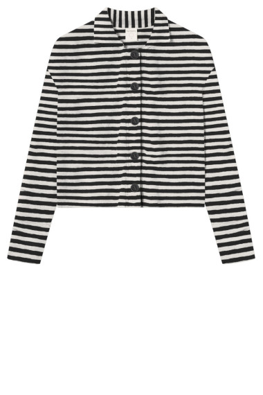 Kort merino uld cardigan med knapper fra By Basics i små sorte og hvide striber