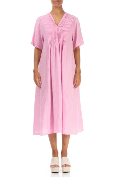 Hør kjole med bisser - pink