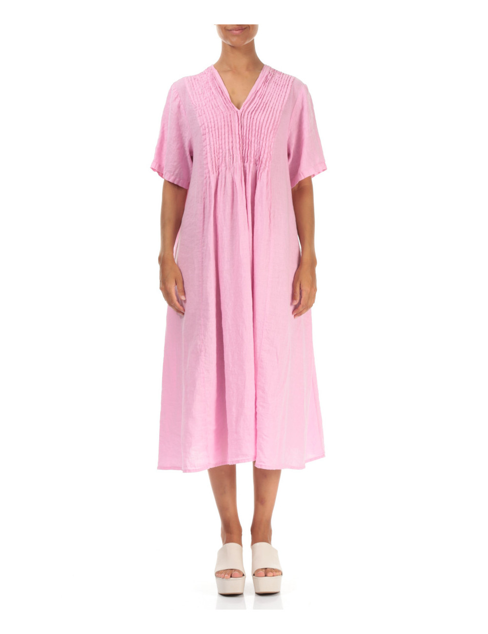 Hør kjole med bisser - pink