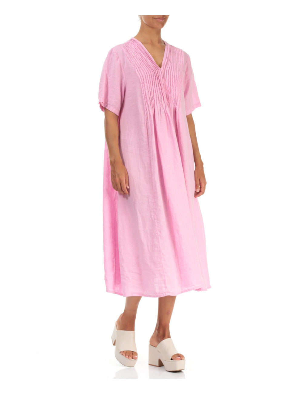 Hør kjole med bisser - pink