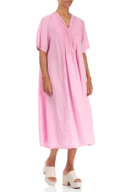 Hør kjole med bisser - pink