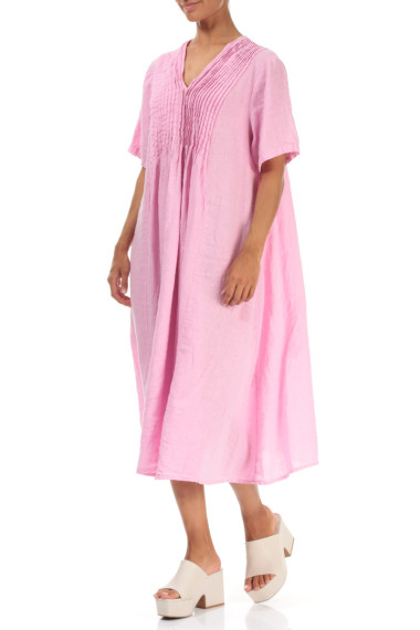 Hør kjole med bisser - pink