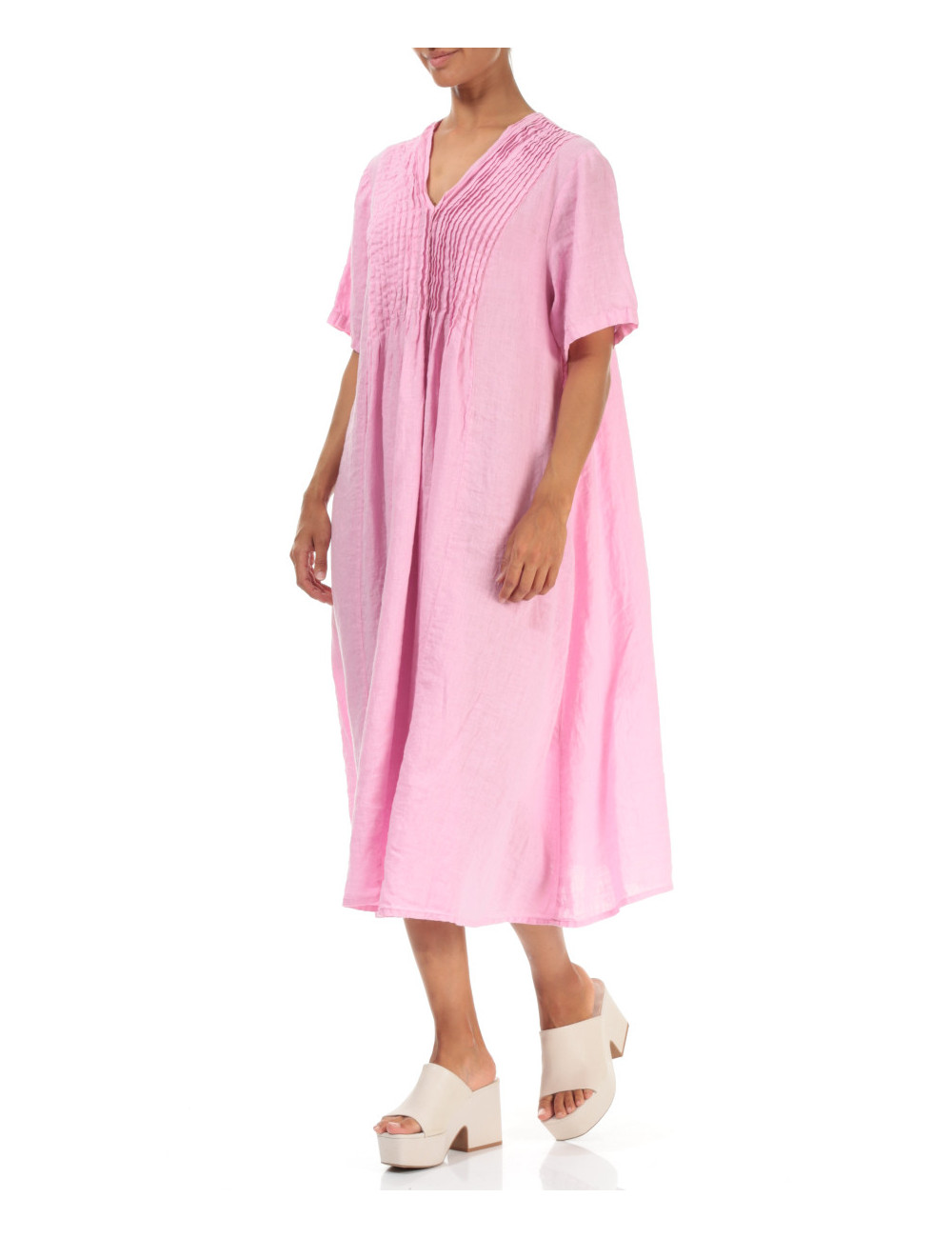 Hør kjole med bisser - pink