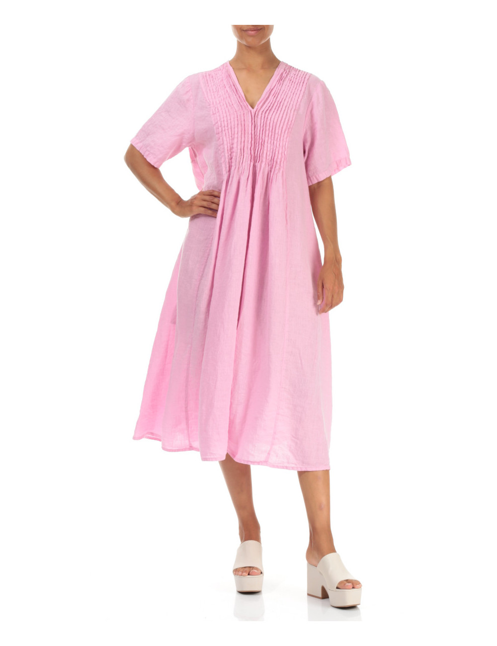 Hør kjole med bisser - pink