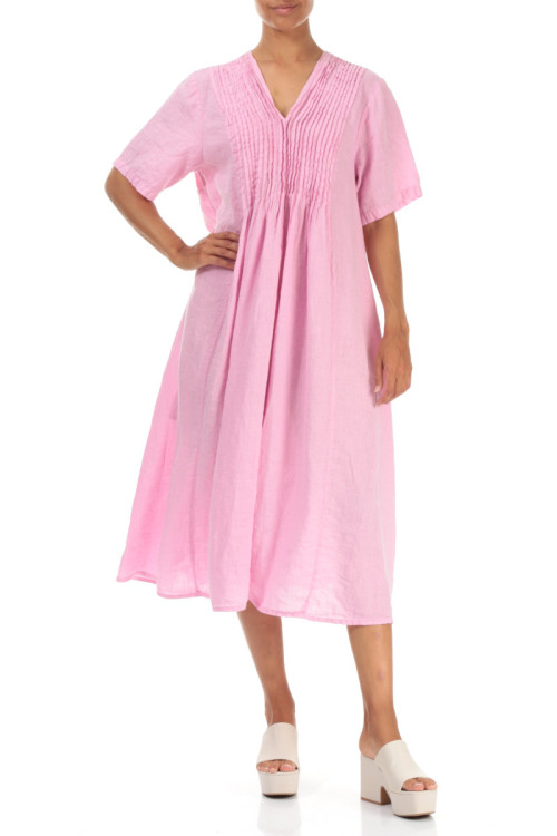 Hør kjole med bisser - pink