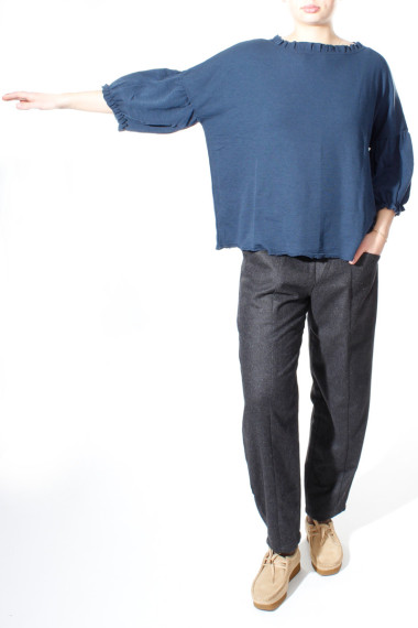 Uld bluse med pufærmer fra BY Basic  i midt nat blå - 4055