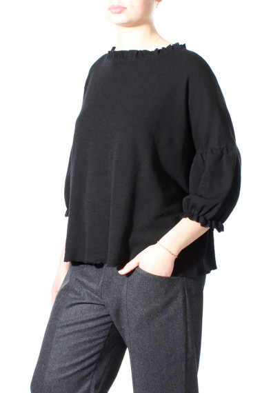 Uld bluse med pufærmer fra BY Basic  i sort - 4055
