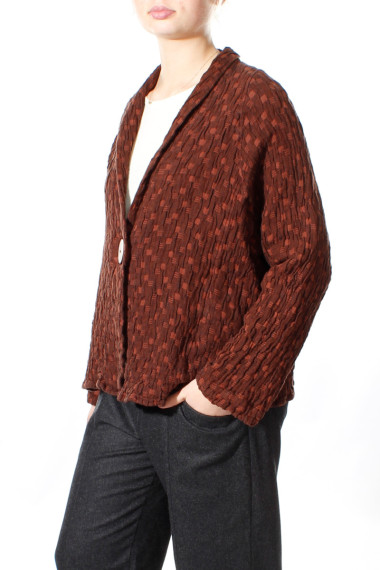 Cardigan i hør blanding med knap fra Grizas i aubergine