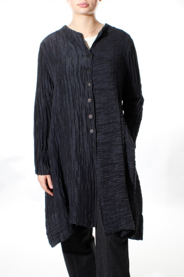 Lang cardigan skjorte i silke-hør fra Grizas i mørk midt nat blå