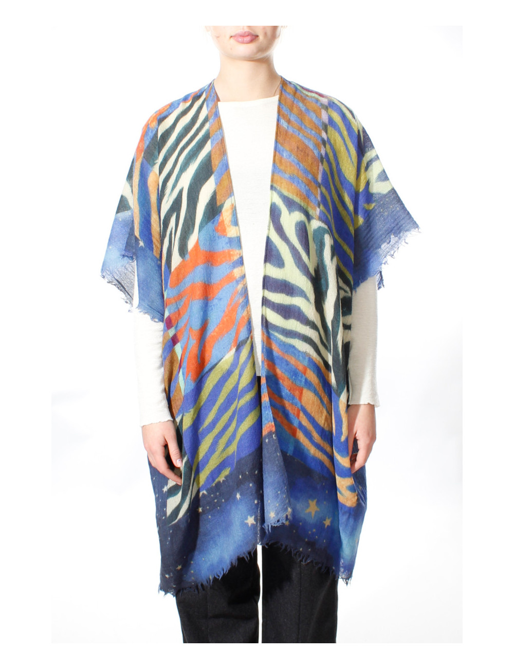 Poncho i 100% kogt uld - tropisk print