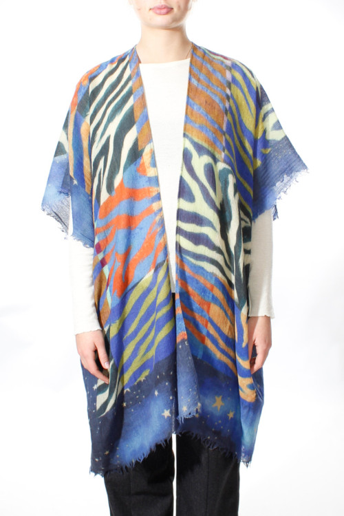 Poncho i 100% kogt uld - tropisk print