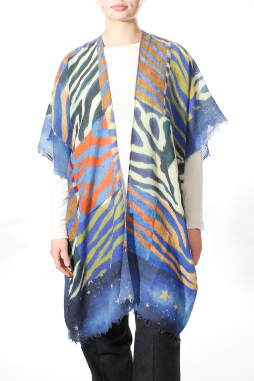 Poncho i 100% kogt uld - tropisk print