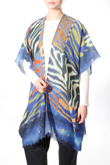 Poncho i 100% kogt uld - tropisk print