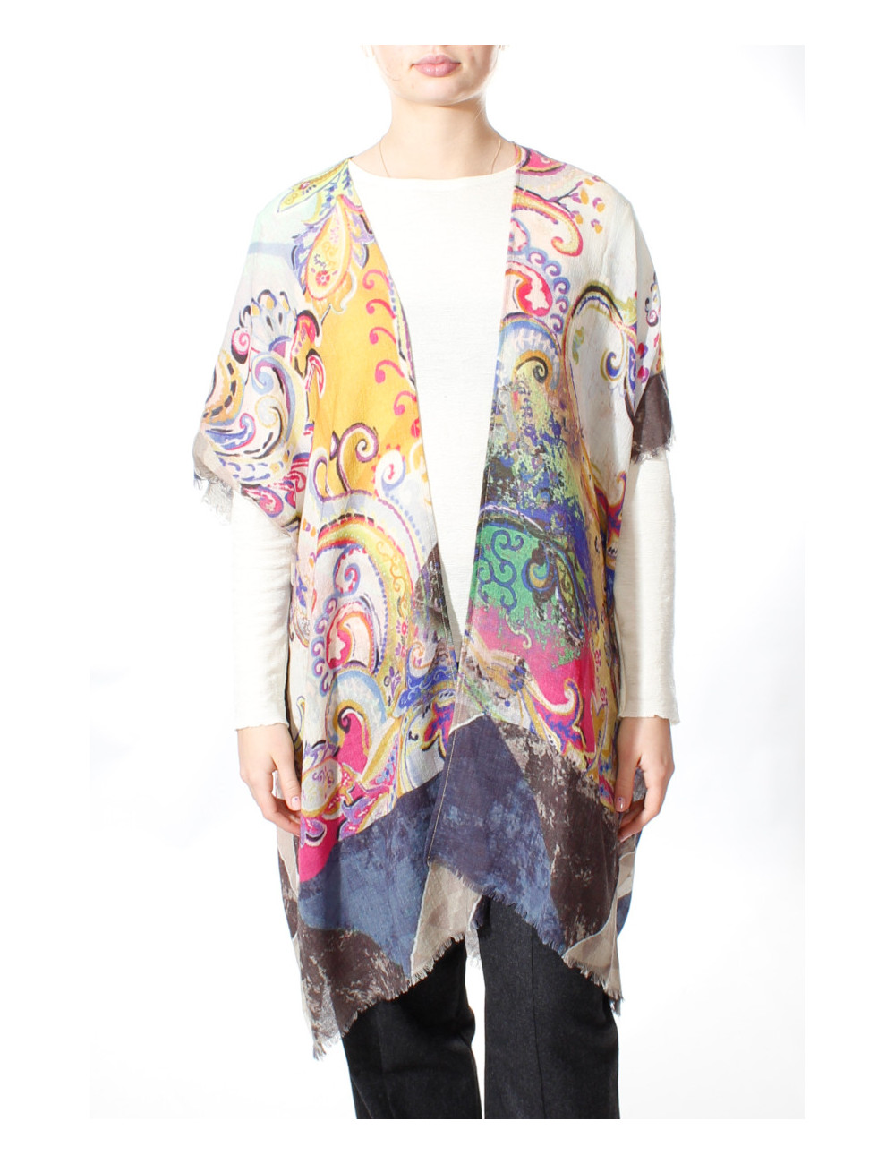 Poncho i 100% kogt uld - paisley print