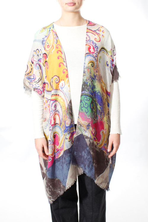 Poncho i 100% kogt uld - paisley print