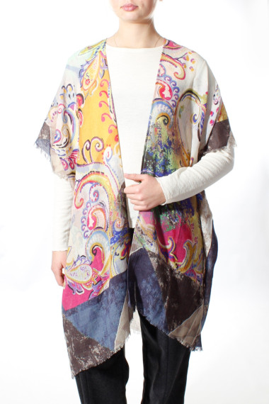Poncho i 100% kogt uld - paisley print