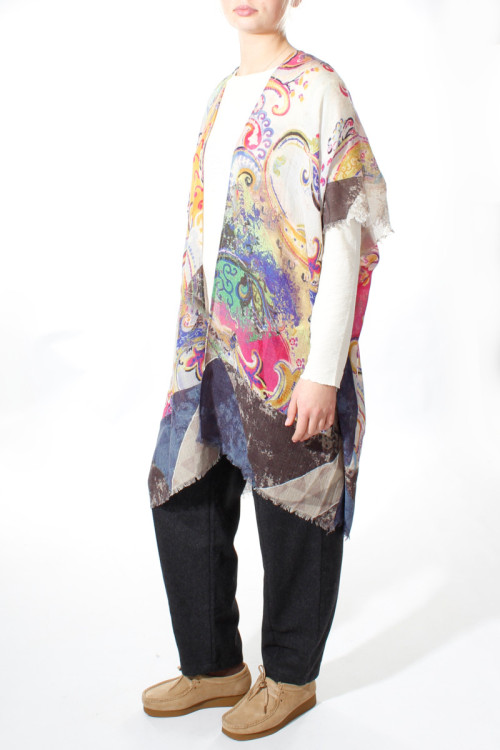 Poncho i 100% kogt uld - paisley print