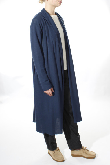 Lang  merino uld cardigan fra By Basics i midt nat blå