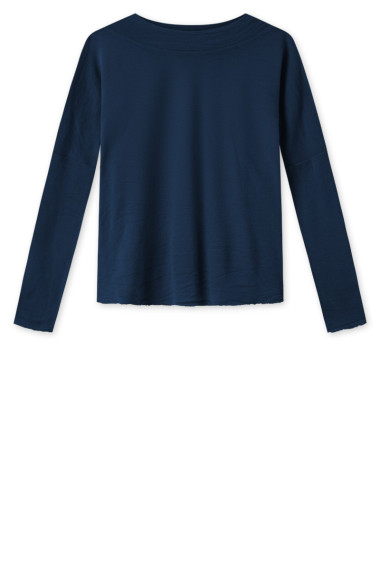 Rummelig merino uld bluse med rund hals i mørkeblå fra By Basics