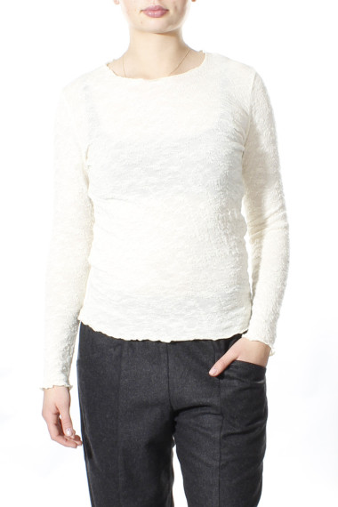 Langærmet bluse i merino bobble uld fra By Basics i hvid