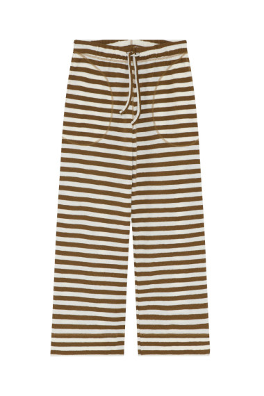 Brede bukser med lommer i merino uld med bronze og hvide striber