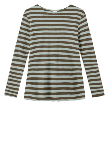 Merino uld bluse med A-facon fra By Basics i brune og mint blå striber