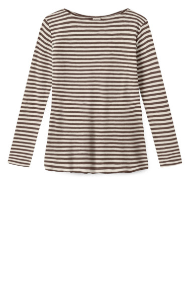 Merino uld bluse med A-facon fra By Basics i brune og hvide striber