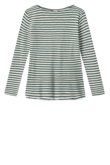 Merino uld bluse med A-facon fra By Basics i zinc blå og hvide striber