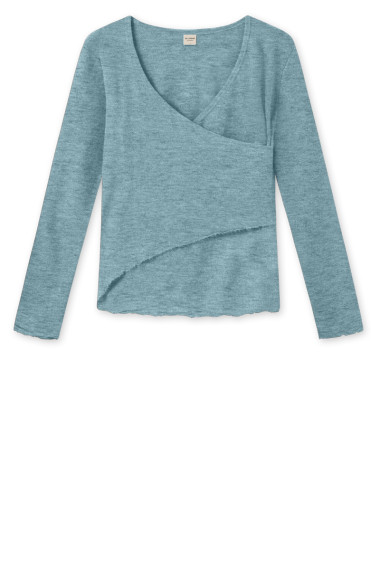 Merino uld bluse med slå om detalje 4008 i grønne og blålige farver