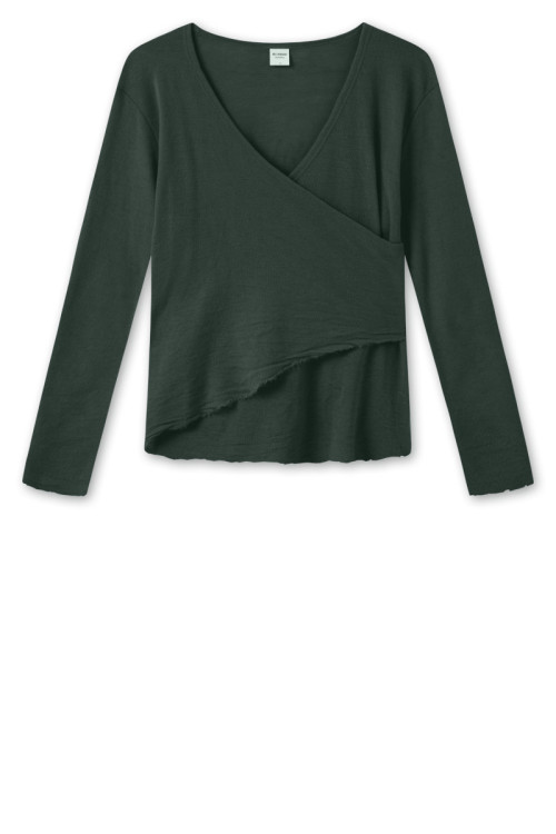 Merino uld bluse med slå om detalje 4008 i grønne og blålige farver