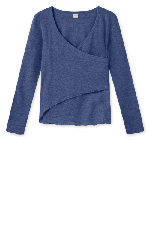 Merino uld bluse med slå om detalje 4008 i grønne og blålige farver