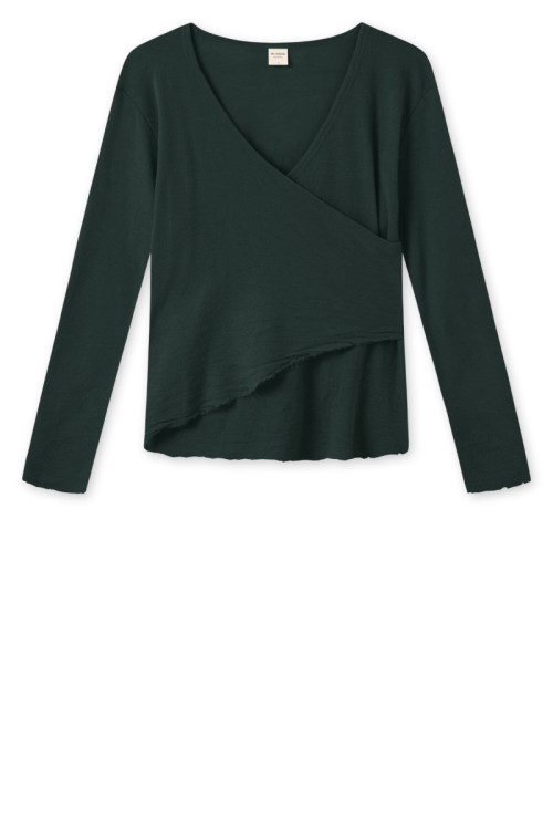 Merino uld bluse med slå om detalje 4008 i grønne og blålige farver