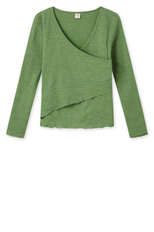 Merino uld bluse med slå om detalje 4008 i grønne og blålige farver