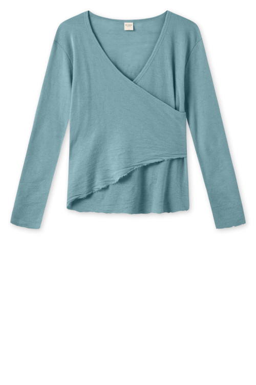 Merino uld bluse med slå om detalje 4008 i grønne og blålige farver