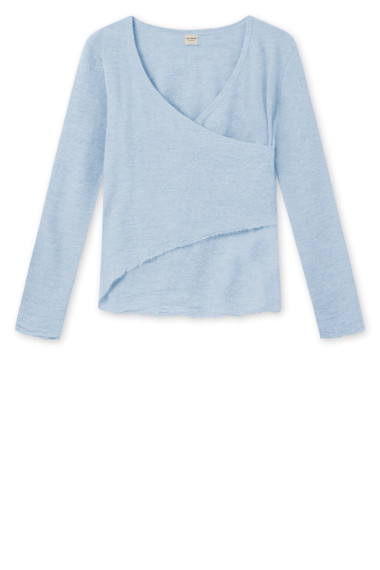 Merino uld bluse med slå om detalje fra By Basics i lyseblå