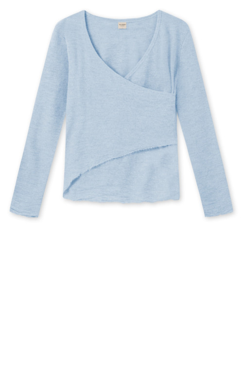 Merino uld bluse med slå om detalje 4008 i grønne og blålige farver