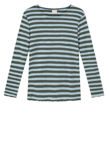 Merino T-shirt i sea blå og capers brune striber nr. 46/983-B farve