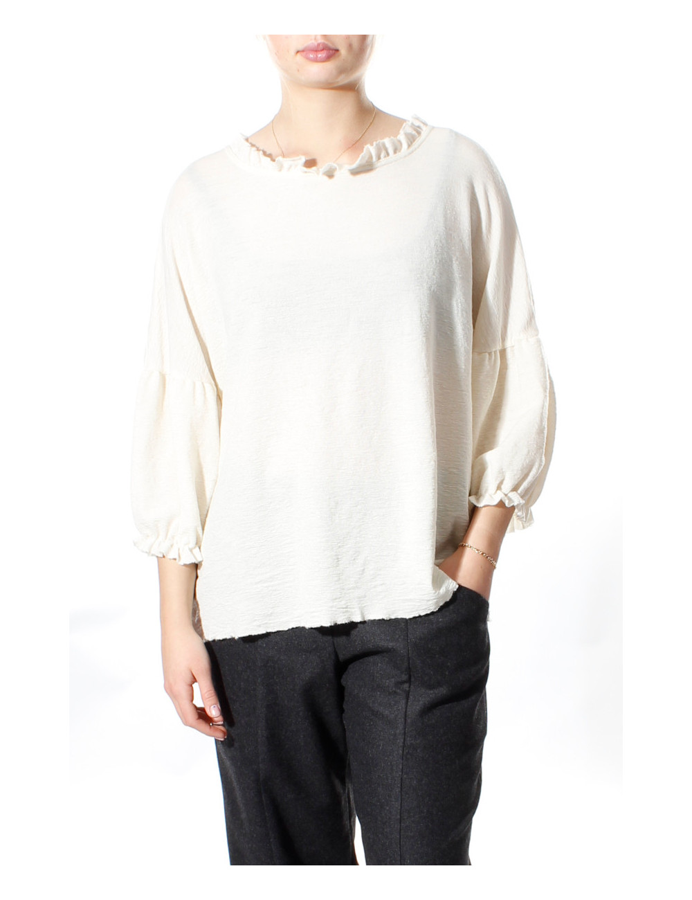 Merino uld bluse med pufærmer 4055 i basis farver