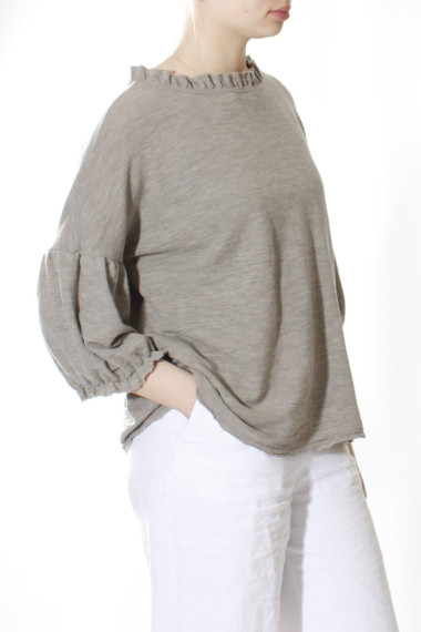 Merino uld bluse med pufærmer i elefant grå