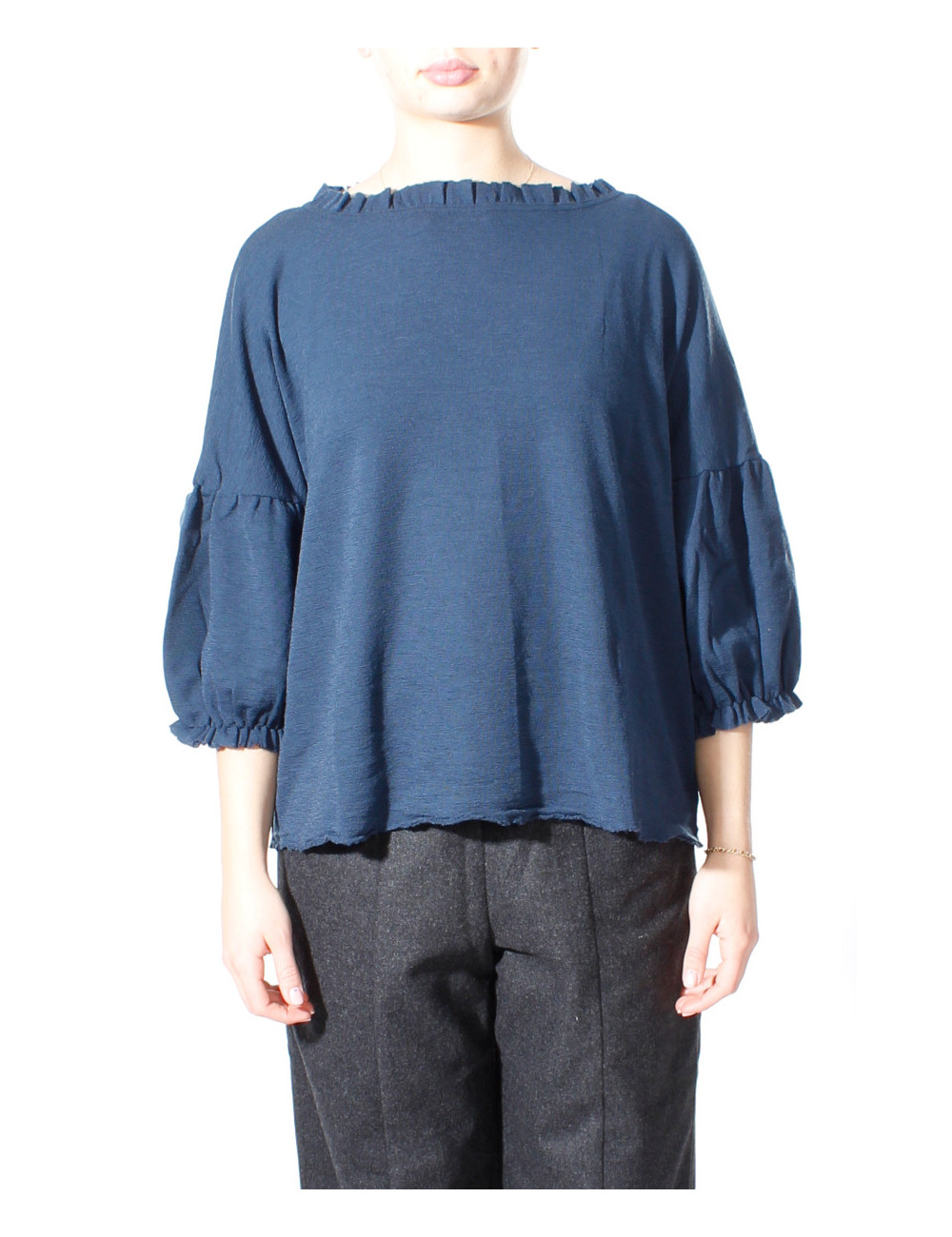 Merino uld bluse med pufærmer 4055 i basis farver
