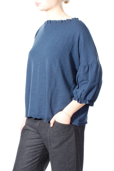 Merino uld bluse med pufærmer i navy