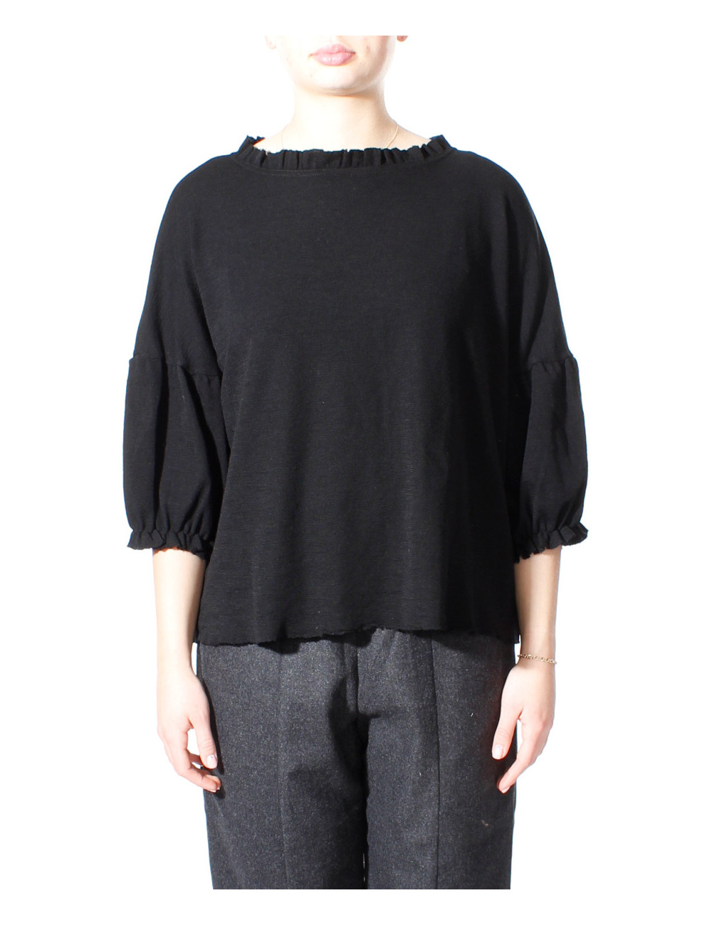 Merino uld bluse med pufærmer 4055 i basis farver